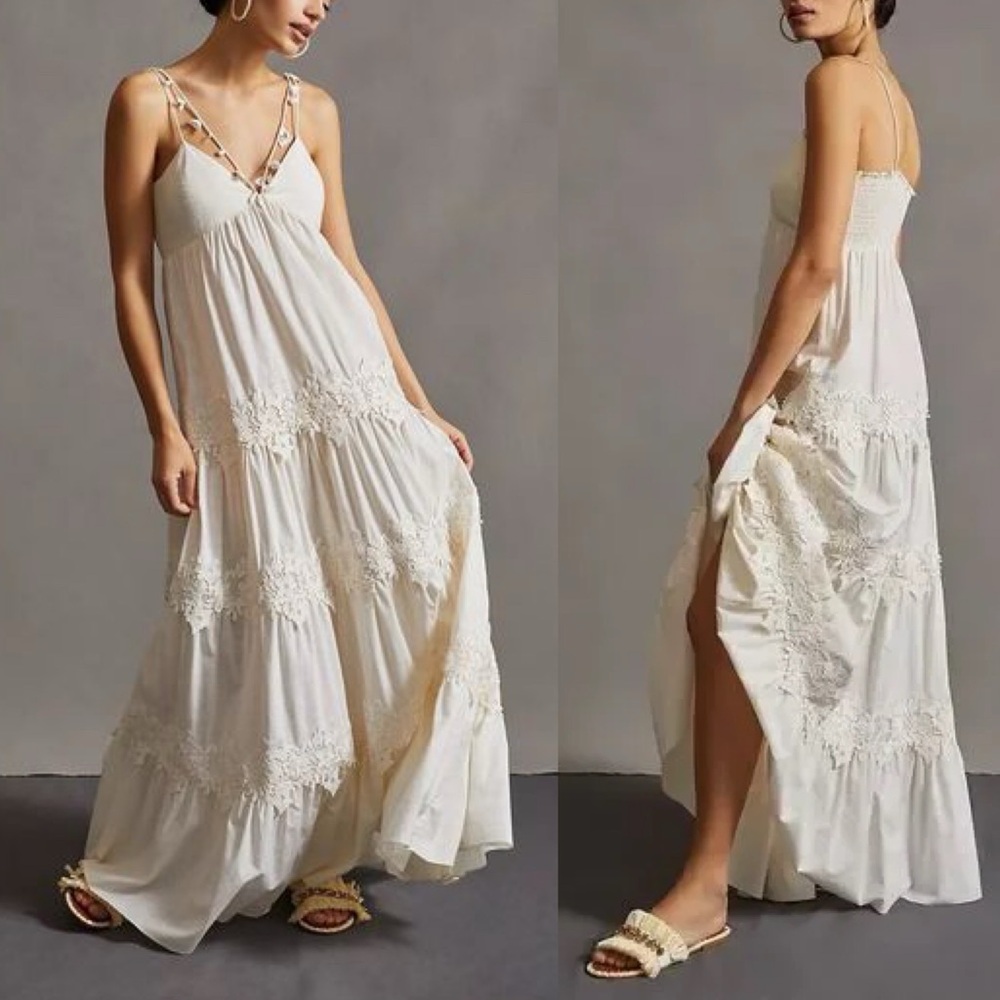 Anthropologie Sachin + Babi White Tiered 3D Floral Maxi Dress - Picture 1 of 8